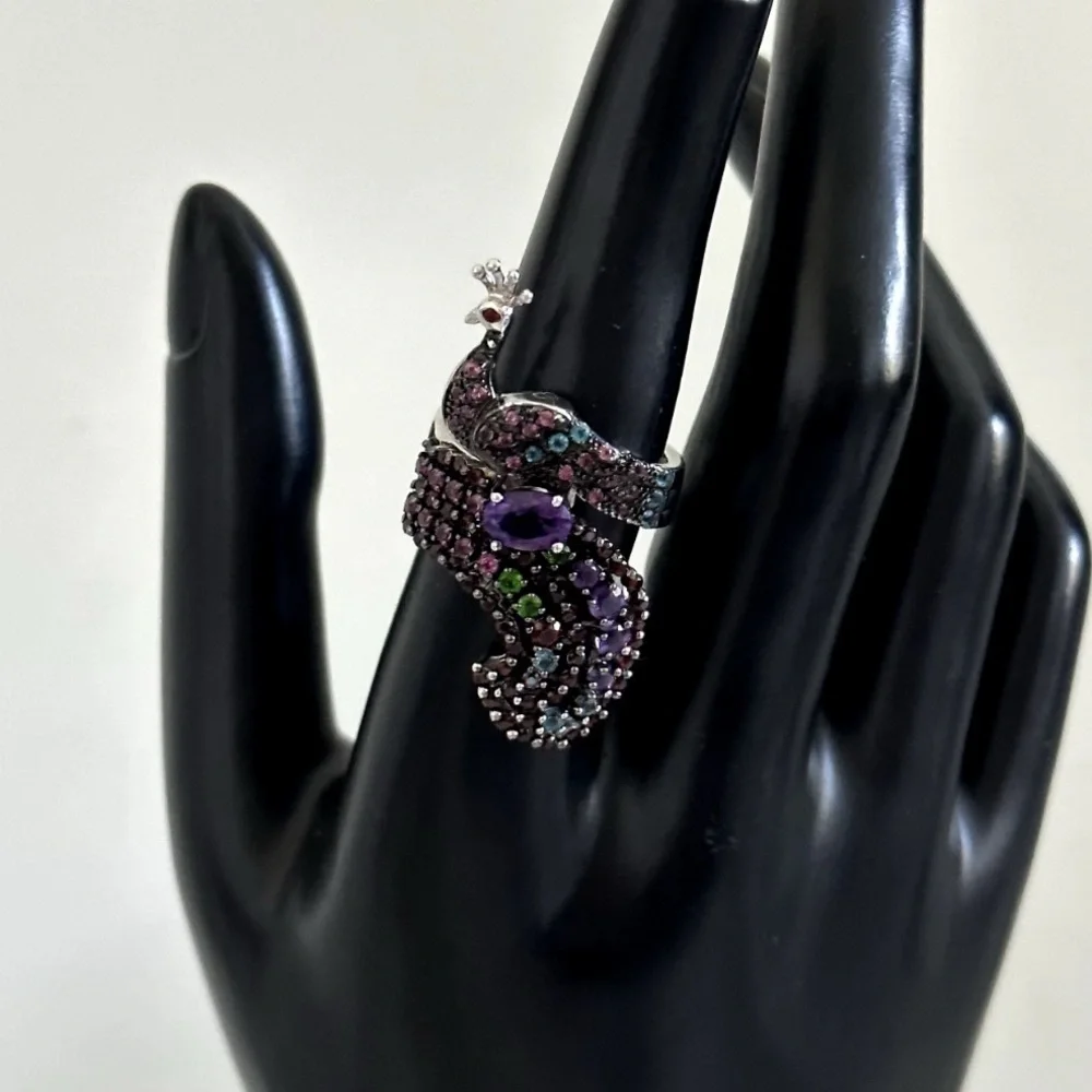 Sterling Silver Peacock Statement Ring Amethyst & Multi Gemstones in Sz 7 💚🦚🩵💍💜
